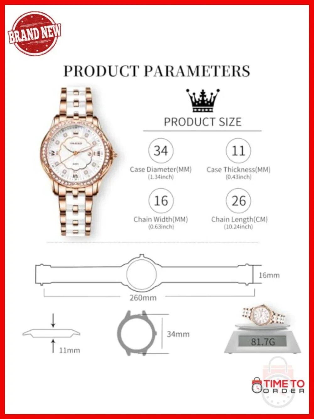 Luxury Ceramic Watch Diamond Rose Gold Dial Quartz Dress Watch Water Resistant